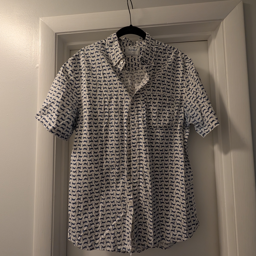 Old Navy Men's Casual White and Navy Patterned Shirt